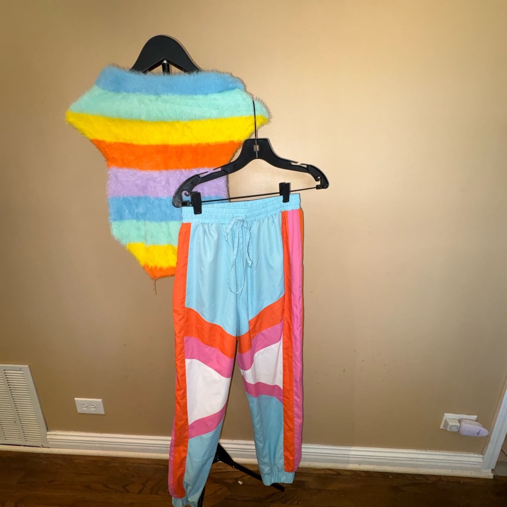 Colorblock Track Pants and Fuzzy Rainbow Top - Blue, Orange, Pink, Yellow